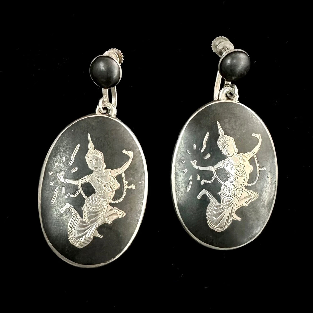 Vintage Siam Niello Sterling Silver Dancing Woman Ear-Clip Earrings
