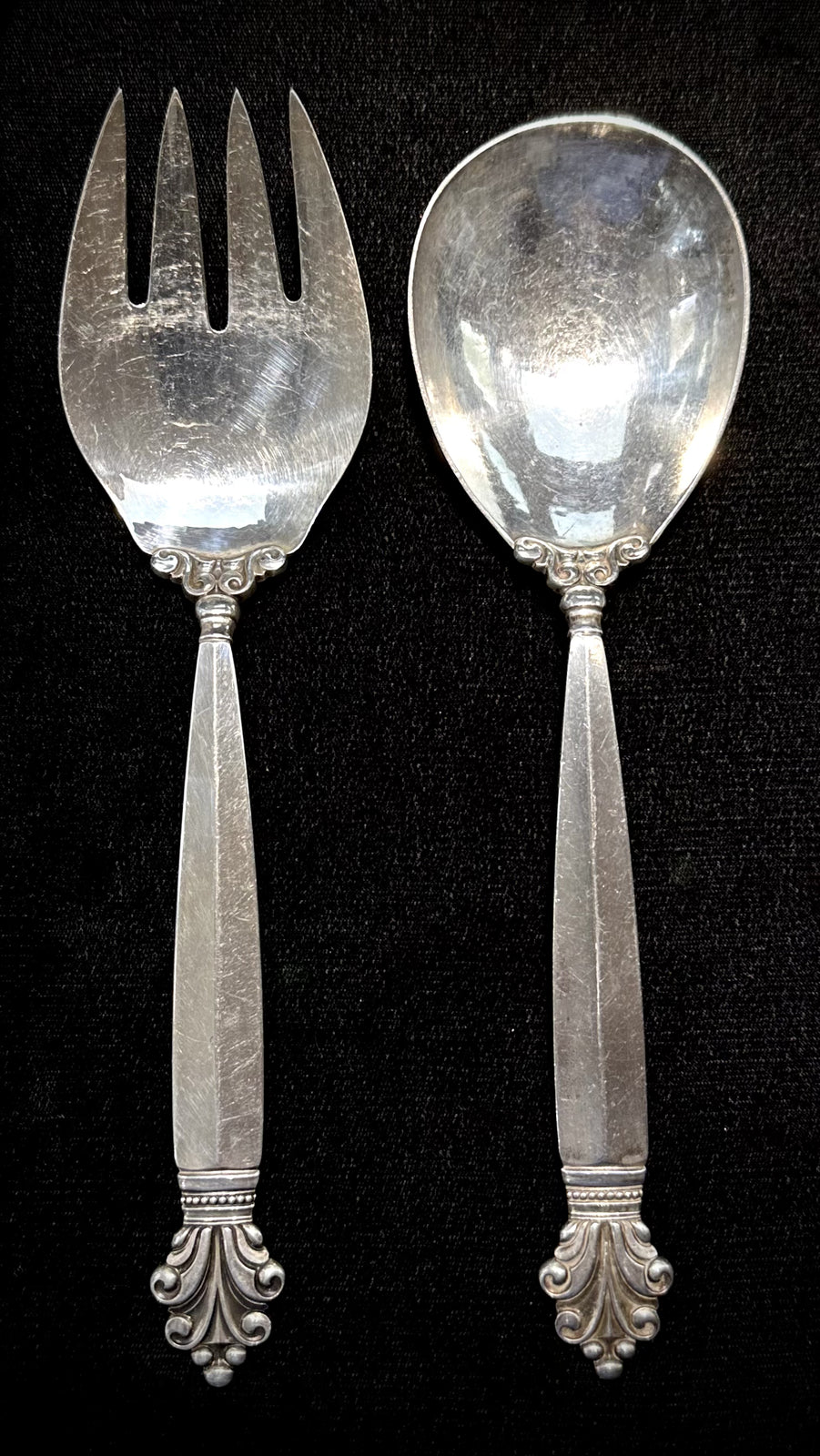 Georg Jensen Vintage Acanthus Sterling Silver Large Salad Spoon & Fork Set 9.5"
