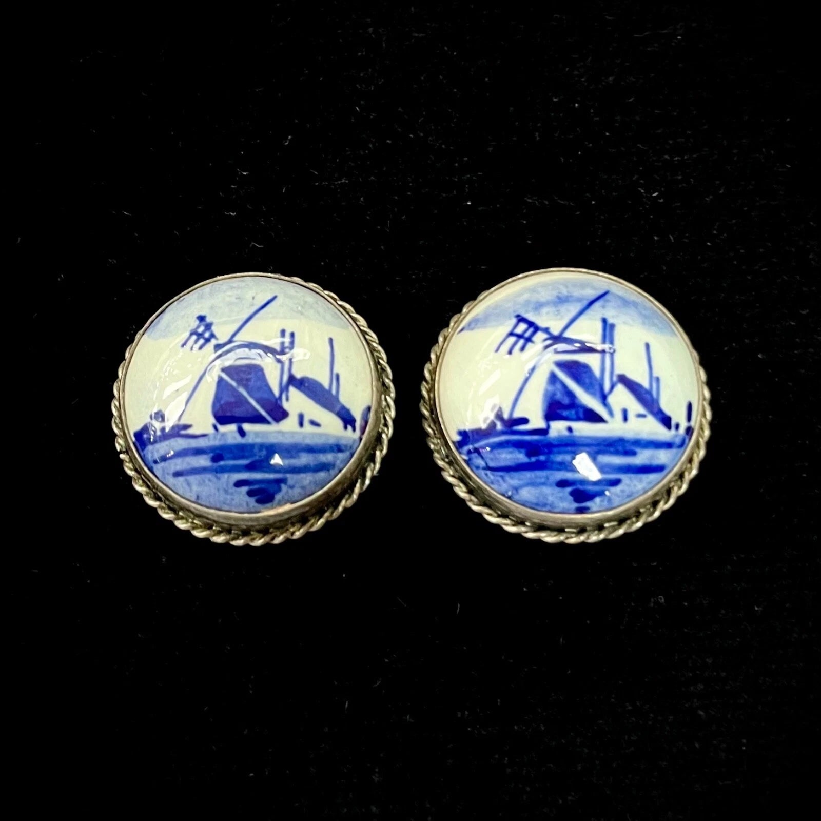 Vintage Dutch Delft Porcelain Windmill 835 Silver Clip Back Earrings