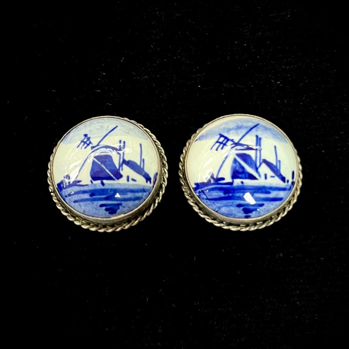 Vintage Dutch Delft Porcelain Windmill 835 Silver Clip Back Earrings