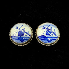 Vintage Dutch Delft Porcelain Windmill 835 Silver Clip Back Earrings