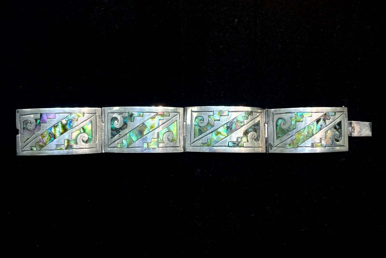 Vintage Mexico Taxco Sterling Silver Wide Panel Bracelet With Abalone