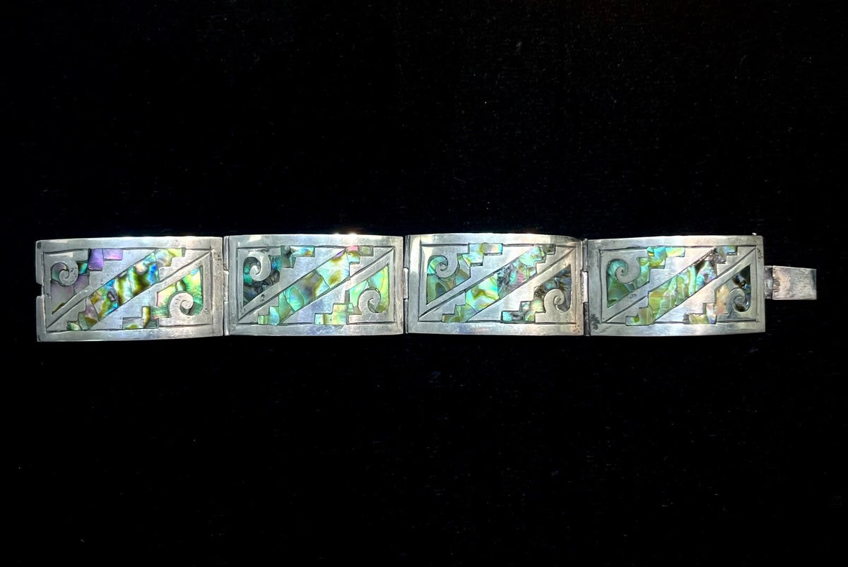 Vintage Mexico Taxco Sterling Silver Wide Panel Bracelet With Abalone