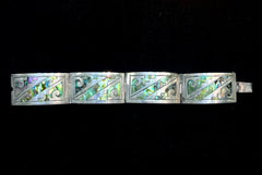 Vintage Mexico Taxco Sterling Silver Wide Panel Bracelet With Abalone