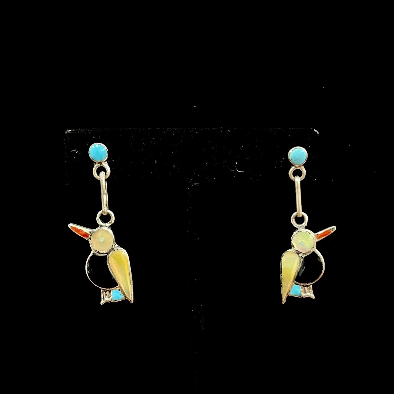 Vintage Zuni Sterling Silver Bird Earrings Inlaid Stones Turquoise, MOP, Onyx
