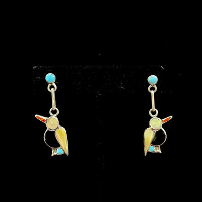 Vintage Zuni Sterling Silver Bird Earrings Inlaid Stones Turquoise, MOP, Onyx
