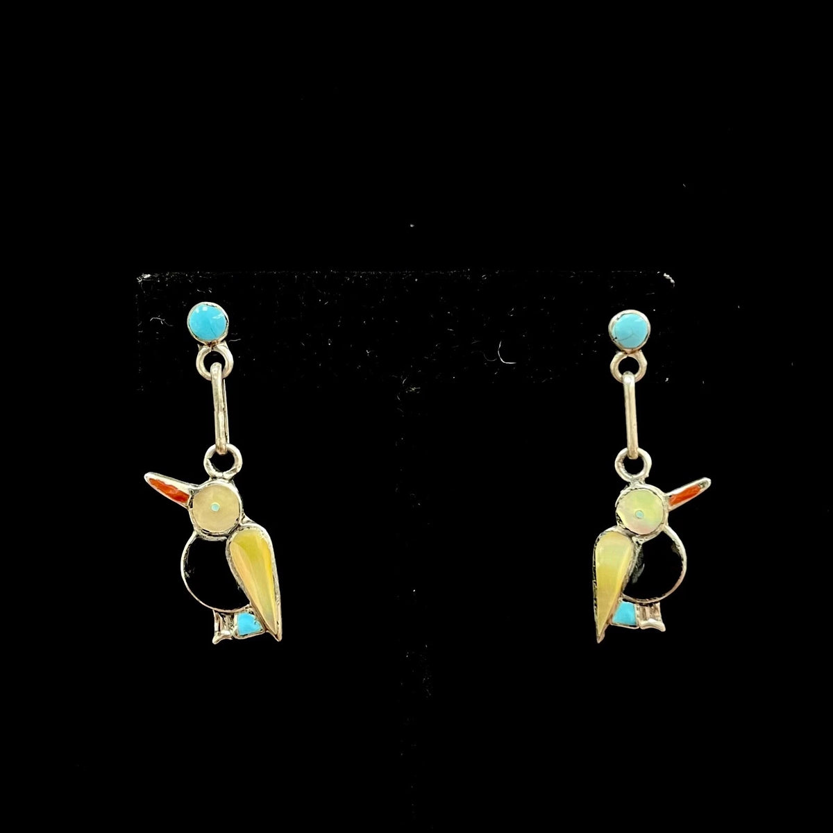 Vintage Zuni Sterling Silver Bird Earrings Inlaid Stones Turquoise, MOP, Onyx
