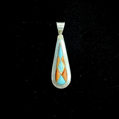 TS Sterling Silver Vintage Turquoise, Coral, Opal Inlay Pendant
