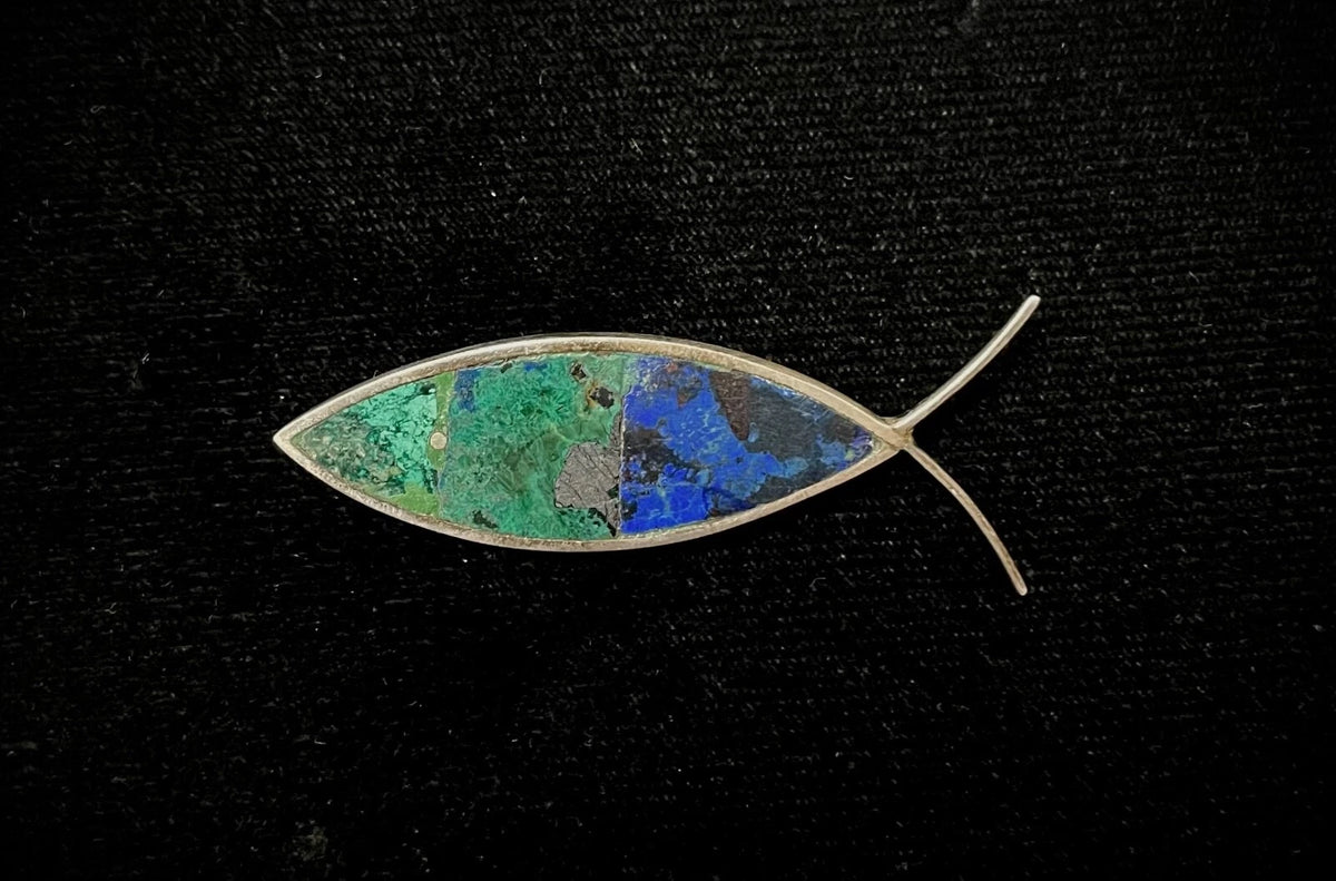Mexico Vintage Taxco Sterling Silver Ichthys Fish Brooch/Pin With Lapis Lazuli