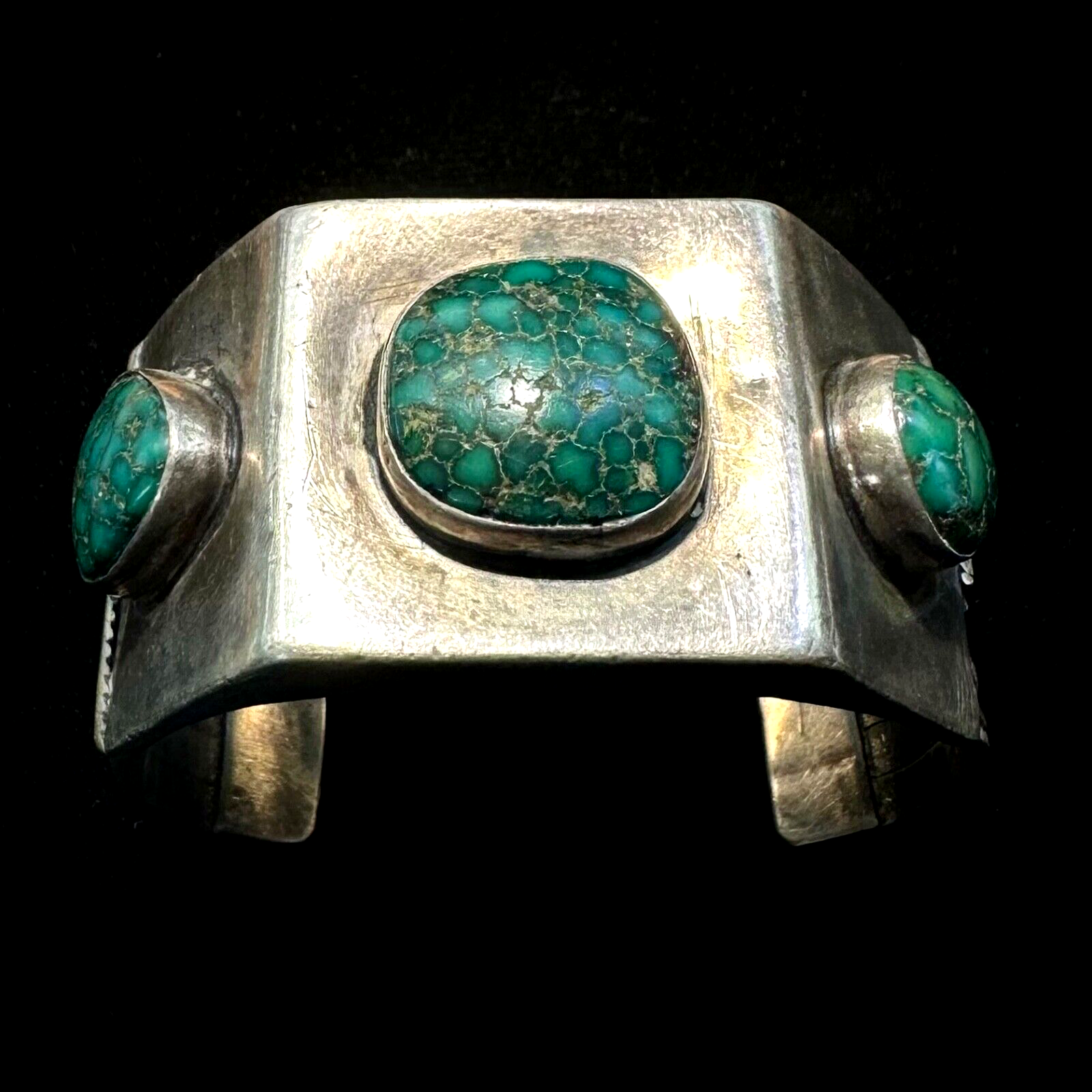 Gibson Nez Vintage Navajo Sterling Silver 3 Turquoise Heavy Cuff Bracelet