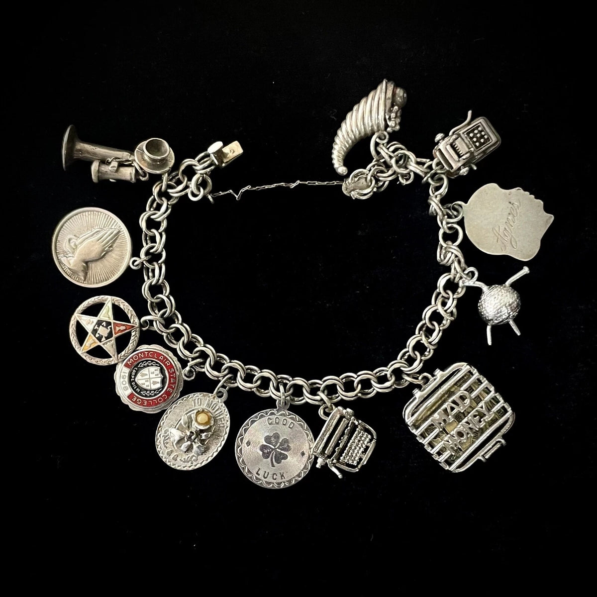 Vintage 12 Charm Sterling Silver Charm Bracelet 8"